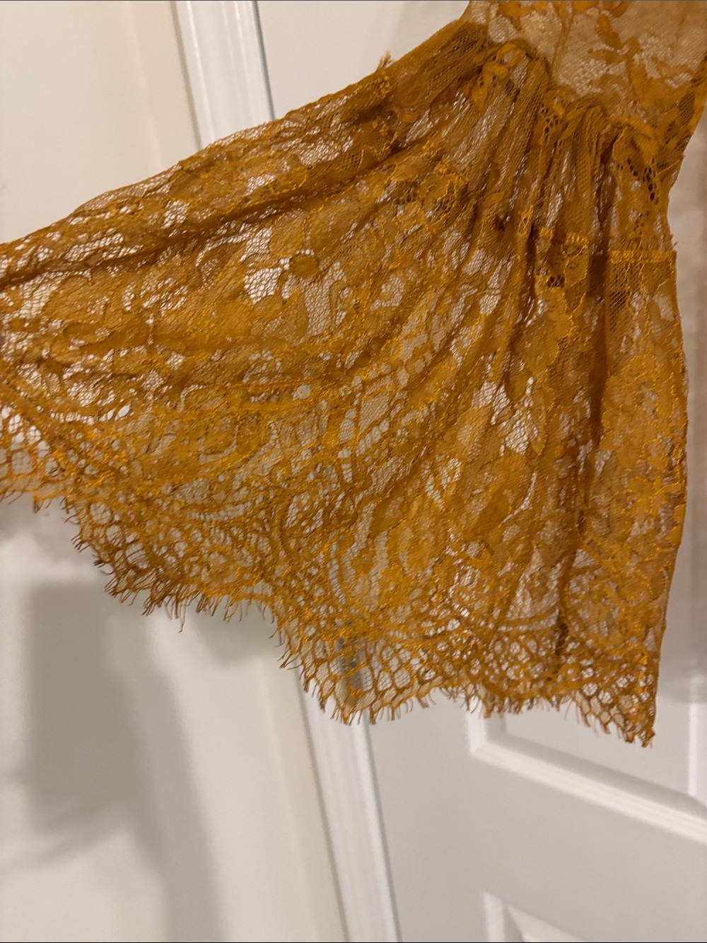 Women's Sheer Lace Bell-Sleeve Top - Mustard - Picture 3 of 5